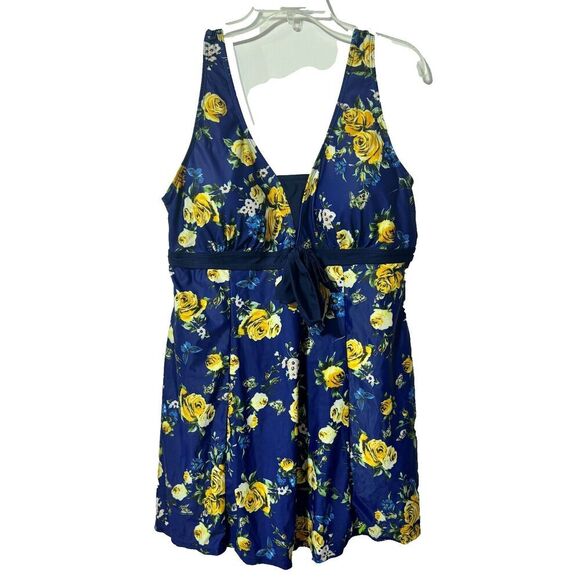 NWT Ecupper Womens Blue Lined Tie Front V-Neck Floral One Piece Swim Dress 3XL - Picture 1 of 11